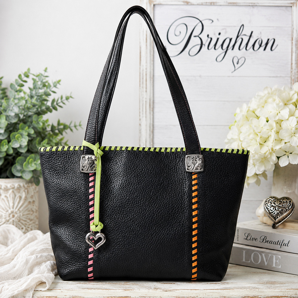 Brighton Black Pebbled Leather Tote Handbag Whipstitch Heart Charm Shoulder Bag